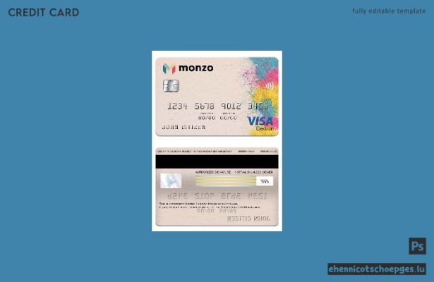Beispielvorschau der Monzo Bank Visa Electron Karte (Vereinigtes Königreich)